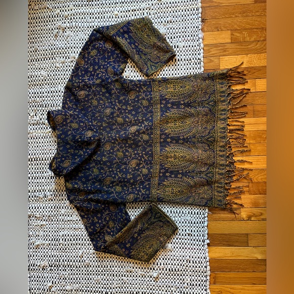Tree of Life Blue Gold Pashmina Fringe Zip-Up Hoodie Jacket - Picture 8 of 9